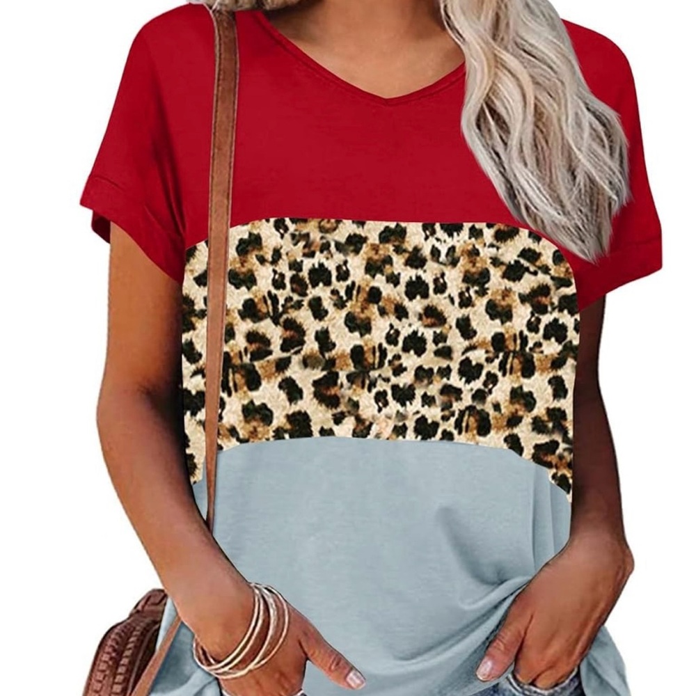 Women’s Short Sleeve Color Block Leopard Print Shirt